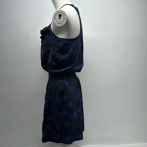 Parker Mini Dress Pure Silk Ruffle Racerback Polka Dot Black Purple Size Medium - Picture 4 of 10